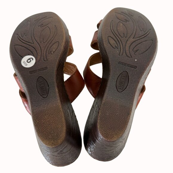 Born Leather Wedge Sandals Size 9 Brown Criss Cross Straps Open Toe Comfortable - Picture 5 of 13